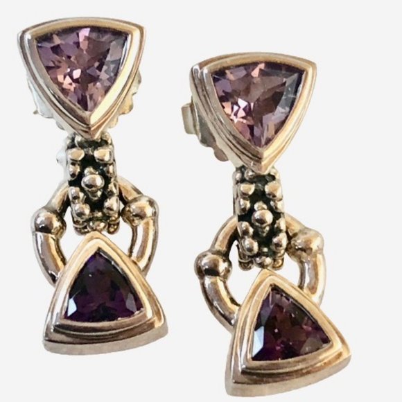 Sterling Silver & Amethyst Vintage Earrings Post Drop Dangle Triangle Shape - Picture 9 of 11